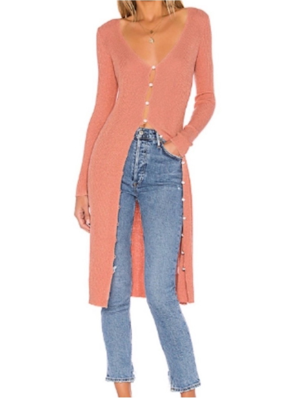 MAJORELLE Long Coral Pink Button-Down Sweater Cardigan